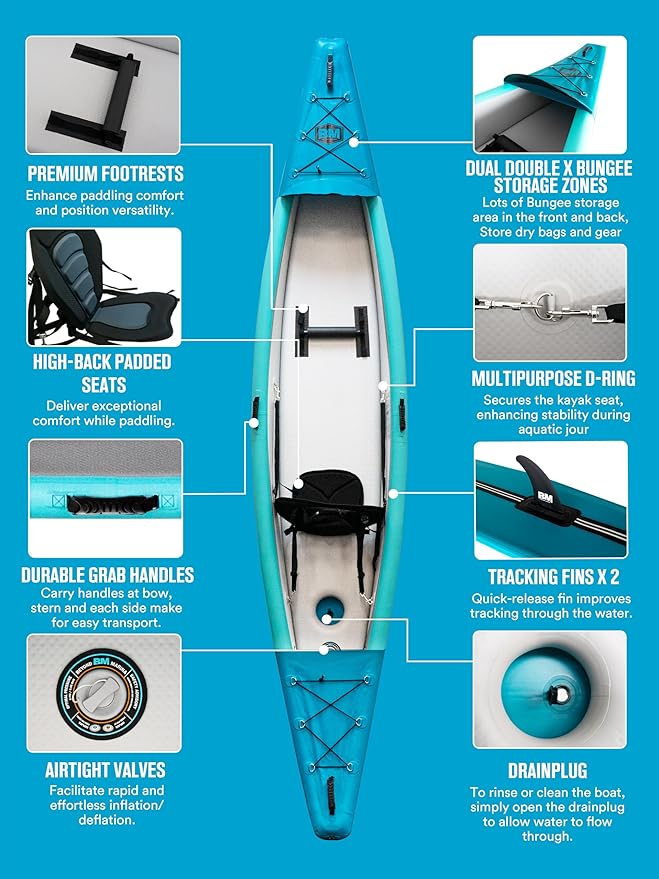 BEYOND MARINA Inflatable Kayak 1 & 2 & 3 Person Adult- Full Drop Stitch Kayak with Aluminum Paddles, Seats, Footrests, Pump, Fins