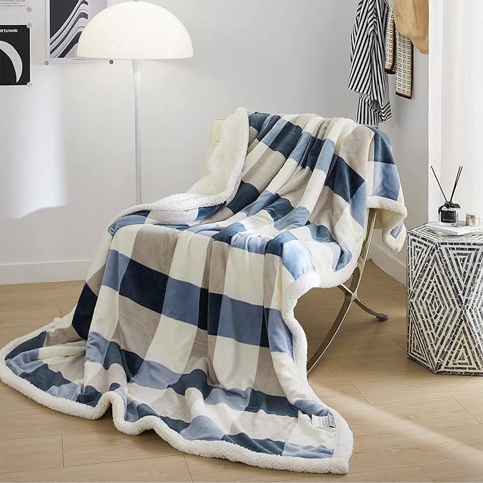 PU MEI Sherpa Fleece Throw Blanket 80" x 90" Full/Queen Reversible Plush Fluffy Extra Large Big Blanket Lattice Flannel Blankets for Sofa Couch Bed (Grey-Soft Blue, 80"*90")