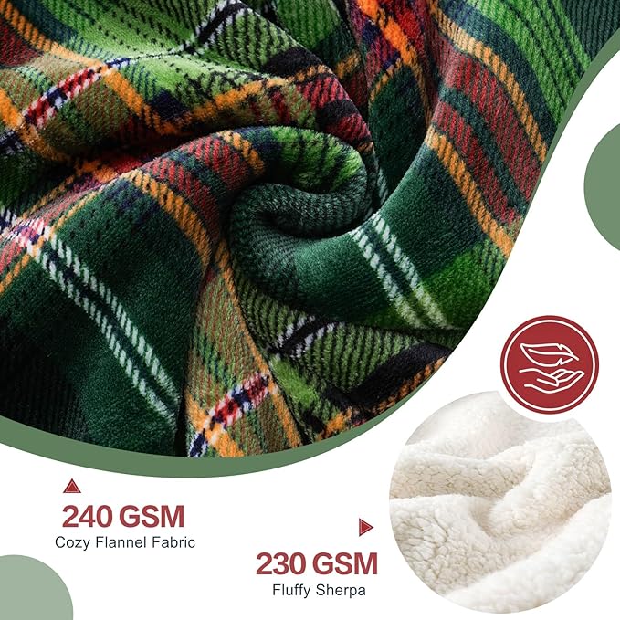 PU MEI Sherpa Fleece Throw Blanket 80" x 90" Reversible Plush Fluffy Large Big Blanket Lattice Flannel Blankets for All Season Use, Chrismas Green