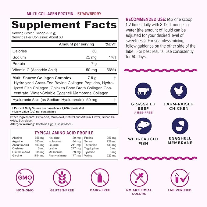 Multi Collagen Peptides Powder for Women - Hydrolyzed Flavored Collagen Powder for Women with Types I II III V & X Vitamin C & Hyaluronic Acid for Hair Skin and Nails (Strawberry) - 30 Servings