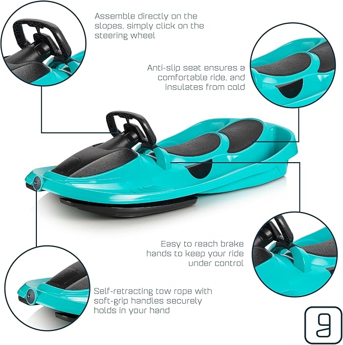 Snow Sled for Kids, Adults - Toboggan Sled, Easy Turning Steering Wheel, Anti-Slip Seat, Pull Up Brake, Durable Plastic Sled, Lightweight, Snow Sleds, Age 3+ 260 lbs