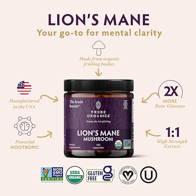 TRIBE ORGANICS Lion’s Mane Supplement 1000mg Mushroom Extract Powder - Immune System Booster & Brain Nootropic for Focus and Memory | Mental Clarity | Natural Energy and Immunity - 120 Vegan Capsules