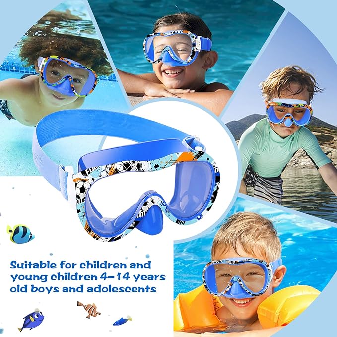 Kids Swim Goggles with Nose Cover, 180° Panoramic Snorkel Mask with Anti-Fog & Anti-Leak Design, Comfort Fabric Strap UV Protection Lens for Boys Girls Ages 3-15