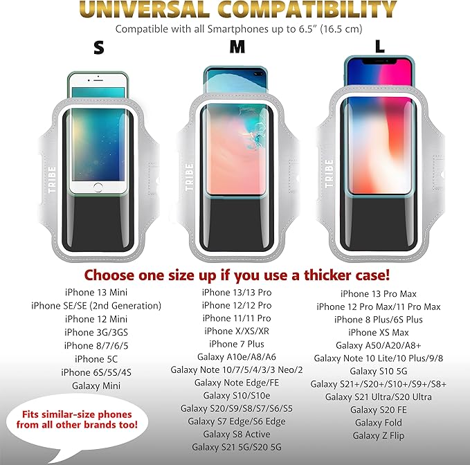 TRIBE Water Resistant Cell Phone Armband Case Running Holder for iPhone Pro Max Plus Mini SE (13/12/11/X/XS/XR/8/7/6/5) Galaxy S Ultra Plus Edge Note (21/20/10/9/8/7/6/5) Adjustable Strap & Key Pocket