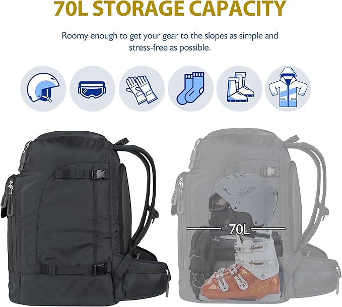Unigear Ski Boot Bag, 70L Ski Boot Travel Backpack for Ski Helmet, Goggles, Gloves, Skis, Snowboard & Accessories（Black）