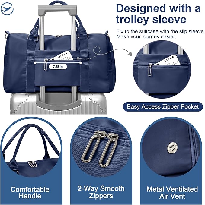 FIORETTO Womens Gym Tote Duffle Bag with Wet Pocket & Shoe Compartment, Sports Duffel Overnight Weekender Hospital Workout Carry on Bag for Girls, Ideal for Travel, Swimming, Dance, Ballet Navy Blue