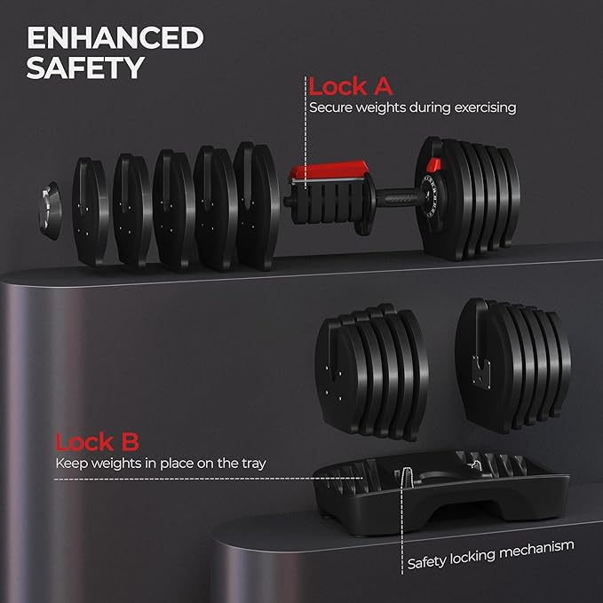 Yaheetech Adjustable Dumbbell Set 28/40/52.5/90LBS Adjustable Dumbbells Fast Adjust Dumbbell Weight Set with Anti-Slip Handle and Tray for Men/Women Home Gym Strength Training Equipment Single/Pair