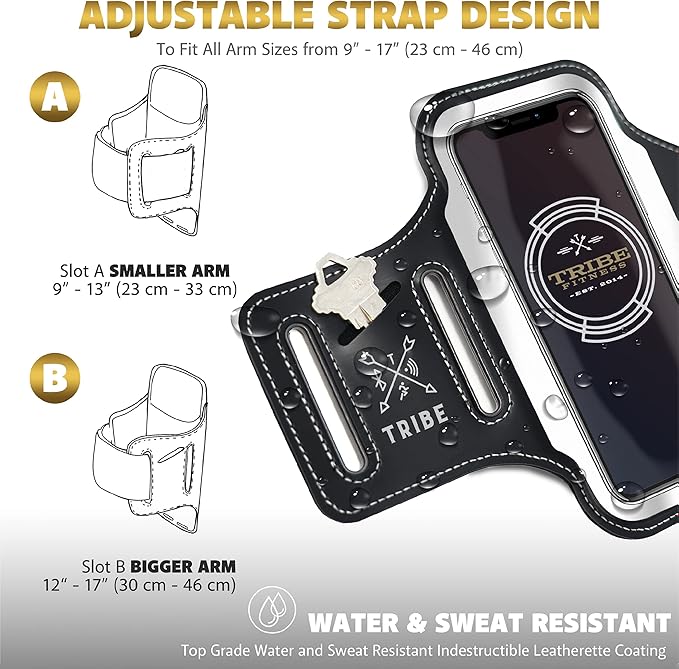 TRIBE Running Phone Holder Armband. iPhone & Galaxy Cell Phone Sports Arm Bands for Women, Men, Runners, Jogging, Walking, Exercise & Gym Workout. Fits All Smartphones. Adjustable Strap, CC/Key Pocket