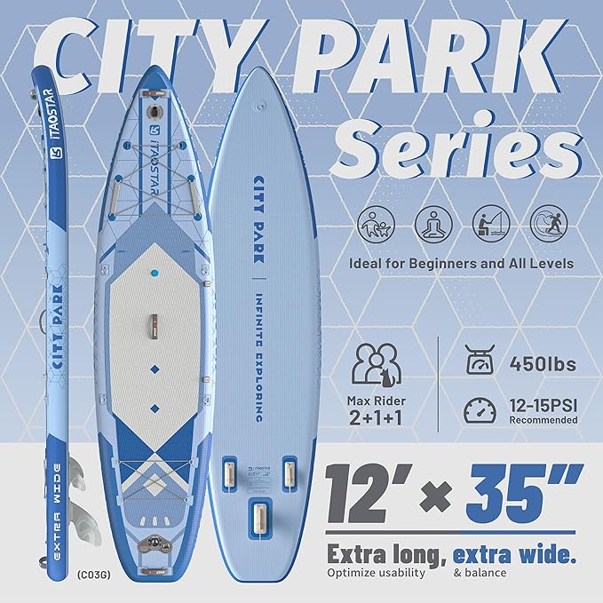 City Park 12'×35" Extra Wide Paddle Board with Seat, One-Stop Premium SUP Board Gears, Tailored 5 Fins, Stable Inflatable Stand Up Paddle Boards for Youth/Adults of All Levels