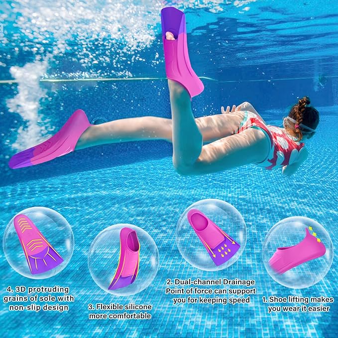 Gintenco Swim Fins, Kids Swim Training Fins for Lap Swimming, Travel Size Flippers with Mesh Bag, Silicone Swimming Fins for Kids Teens Adults Women Men