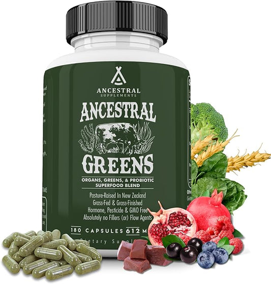 Ancestral Supplements Greens Powder Capsules, Organic Superfood Greens & Reds Blend with Spirulina, Chlorella, Grass Fed Beef Organs, and Probiotics for Gut Health, Non GMO, 612mg Each, 180 Count