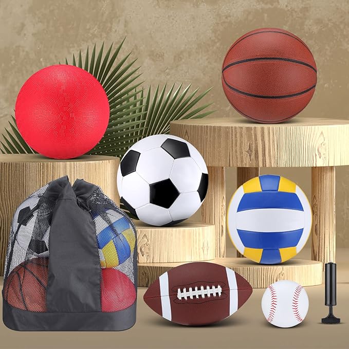 Libima 6 Pcs Multi Sport Ball Set Official Size Football, Basketball, Soccer, Volleyball, Playground Ball, Baseball with Sports Equipment Bag Pump for Teen Adult Christmas School Gift