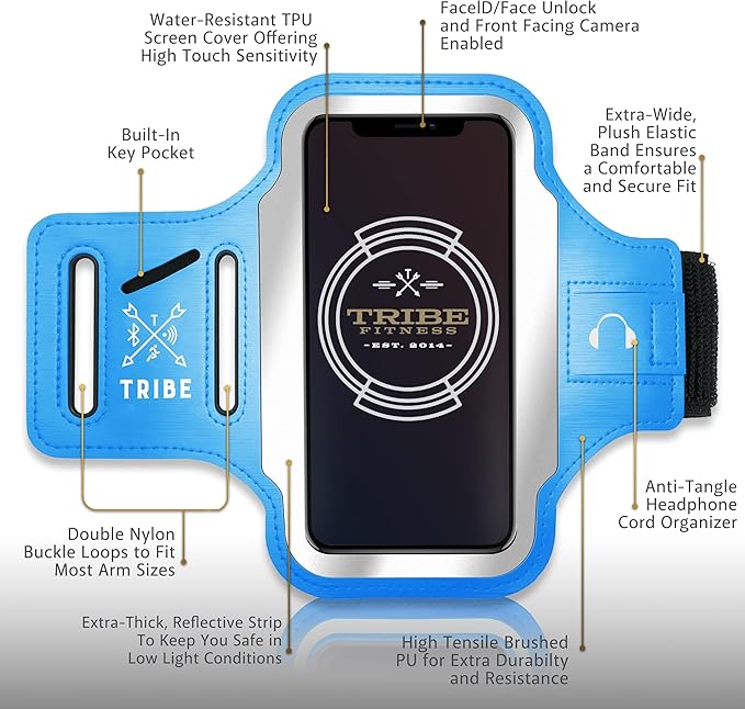 TRIBE Running Phone Holder Armband. iPhone & Galaxy Cell Phone Sports Arm Bands for Women, Men, Runners, Jogging, Walking, Exercise & Gym Workout. Fits All Smartphones. Adjustable Strap, CC/Key Pocket
