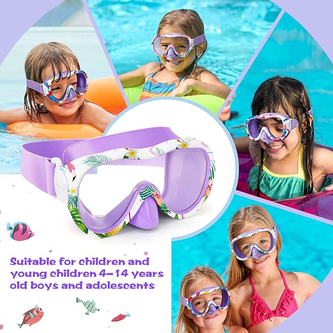 Kids Swim Goggles with Nose Cover, 180° Panoramic Snorkel Mask with Anti-Fog & Anti-Leak Design, Comfort Fabric Strap UV Protection Lens for Boys Girls Ages 3-15