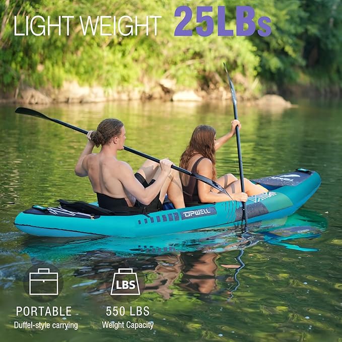 UPWELL 11'/14'6”Inflatable Kayak with Drop Stitch Floor and Accessories Including Kayak Seat with Thickened Cushion, Paddle, Fin, Repair Kits, Carry Bag and Hand Pump