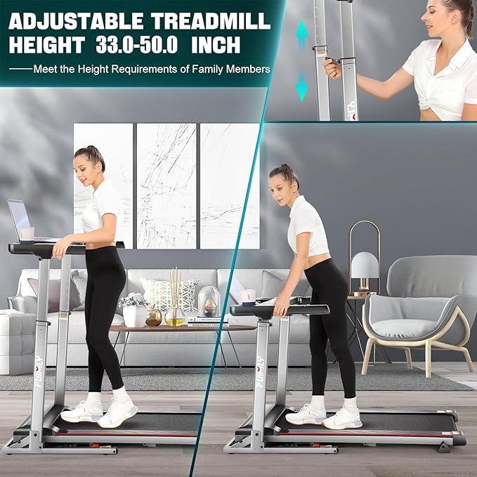 Treadmill with Desk Workstation & Adjustable Height, 300 LBS Weight Capacity, Folding Treadmill with 3 Level Incline, Bluetooth Speaker & App, Portable 2.5HP Walking Pad with Desktop for Home Office