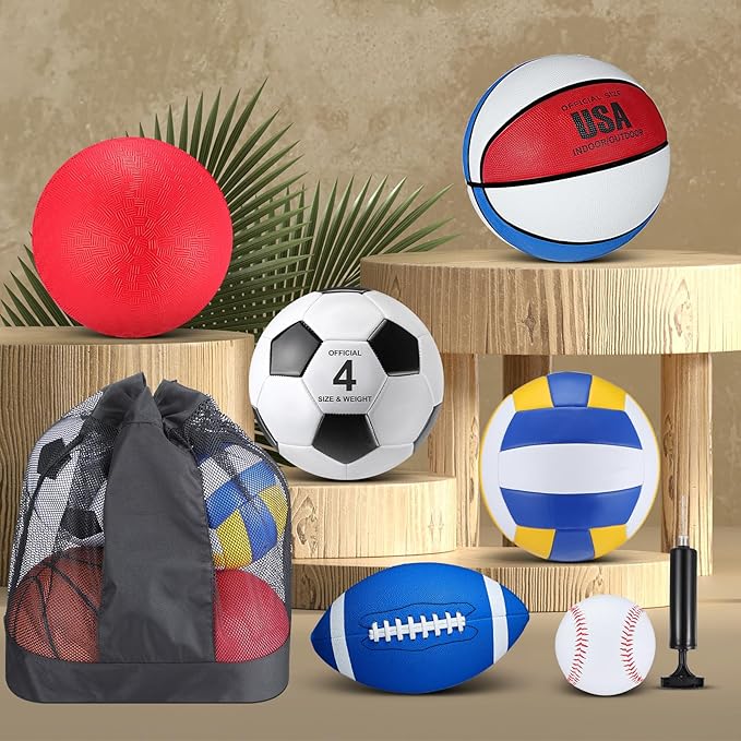 Realspring 6 Pcs Multi Sport Ball Set for Kid Teen Operation Christmas Official Size Football, Basketball, Soccer, Volleyball, Playground Ball, Baseball with Sports Equipment Bag Pump