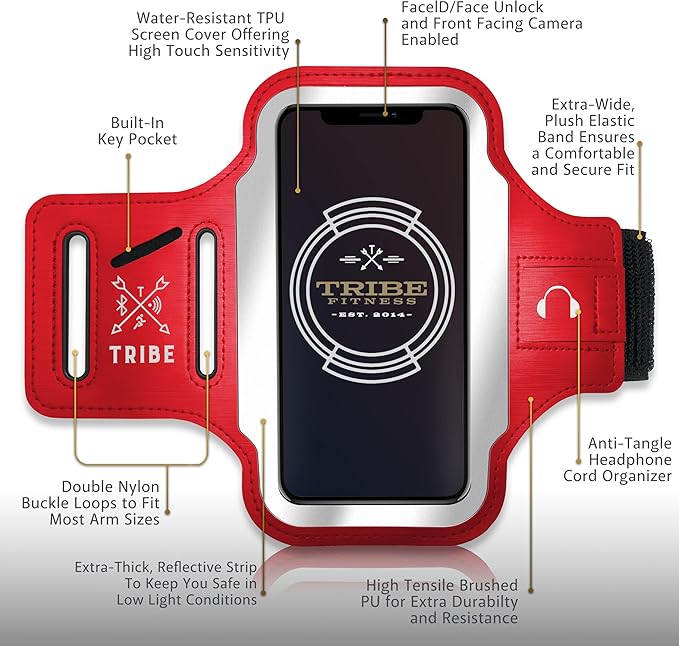 TRIBE Running Phone Holder Armband. iPhone & Galaxy Cell Phone Sports Arm Bands for Women, Men, Runners, Jogging, Walking, Exercise & Gym Workout. Fits All Smartphones. Adjustable Strap, CC/Key Pocket