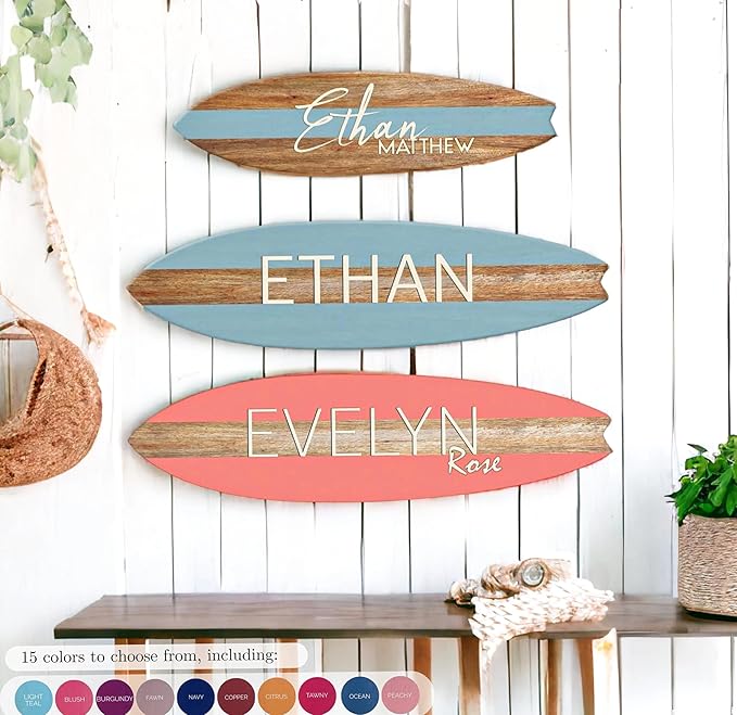 Personalized Wooden Surfboard Wall Decor – Custom Name Surfboard Sign for Nursery, Playroom, or Coastal Room – Decorative Surf Board Wall Art-2 Sizes, 12 Colors