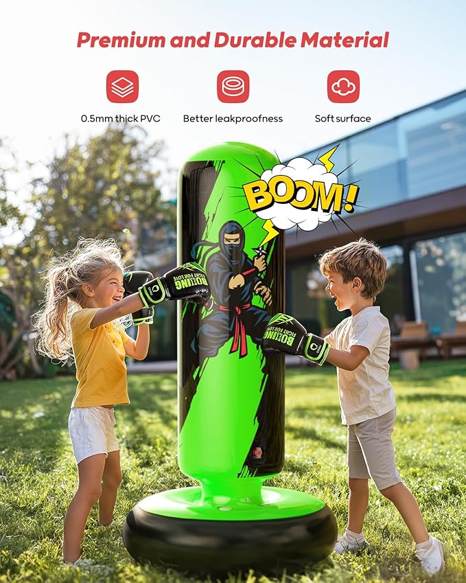 QPAU Punching Bag for Kids, 66 Inch Stable Inflatable Boxing Bag with Boxing Gloves, Stand Kids Punching Bag Toy for Boys & Girls Age 6-12, Boxing Set for Practicing Karate, Taekwondo, MMA