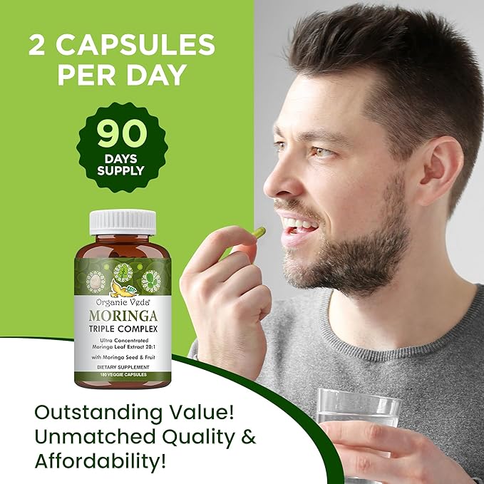 Organic Veda Moringa Capsules Triple Complex - 20 X Concentrated Organic Moringa Leaf Extract with Seed & Fruit Powder Vitamin, Antioxidant - Joints & Energy Support - 180 Vegan Capsule
