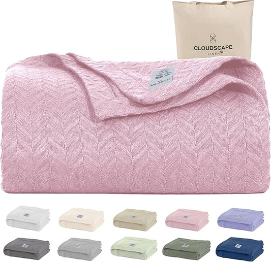 Cloud Scape Linen Herringbone Cotton Throw Blanket for Couch, Bed,Sofa, Home Decor, Soft, Lightweight, All-Season Bed Blanket, 50 x 70, Seashell Pink