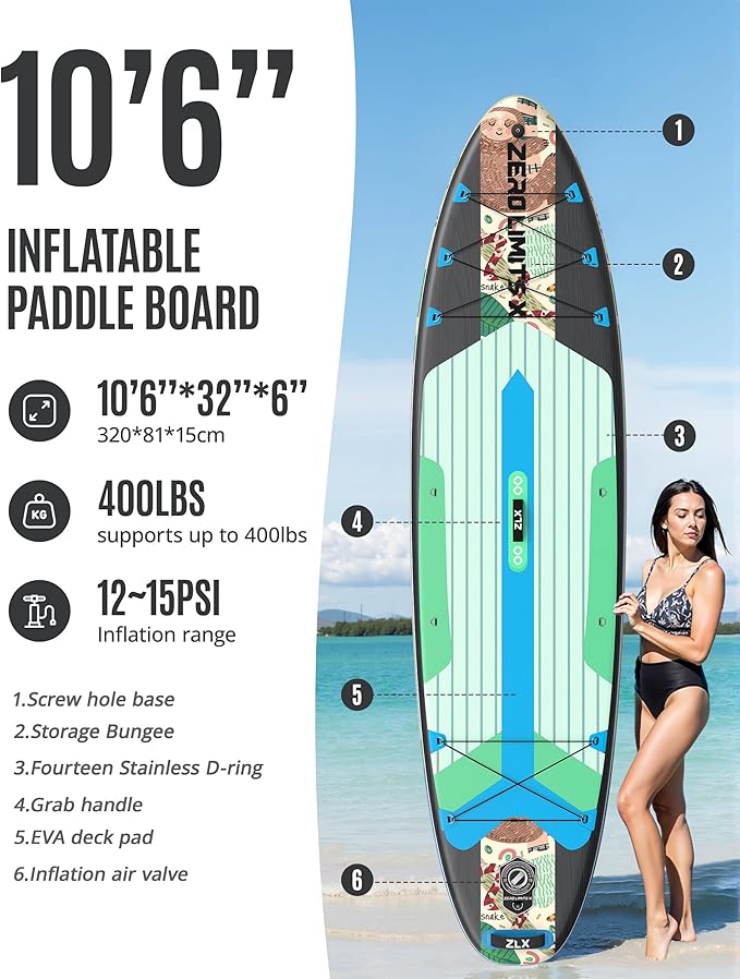 ZLX Inflatable Stand Up Paddle Board, 10'6" SUP Non-Slip Stable Deck Pad, Unique Center Fin, Premium Accessories, Portable Paddleboard for Adults, Beginners, All Skill Levels
