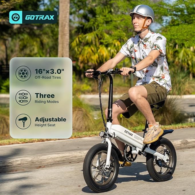 Gotrax S3 Electric Bike, 16x3.0 Fat Tire Electric Bicycle Adults, 750W Peak Motor, Max Range 25 Miles, Up to 20 Mph, Removable Battery, Adjustable Seat, Folding Electric Bike for Adults/Teens 13+