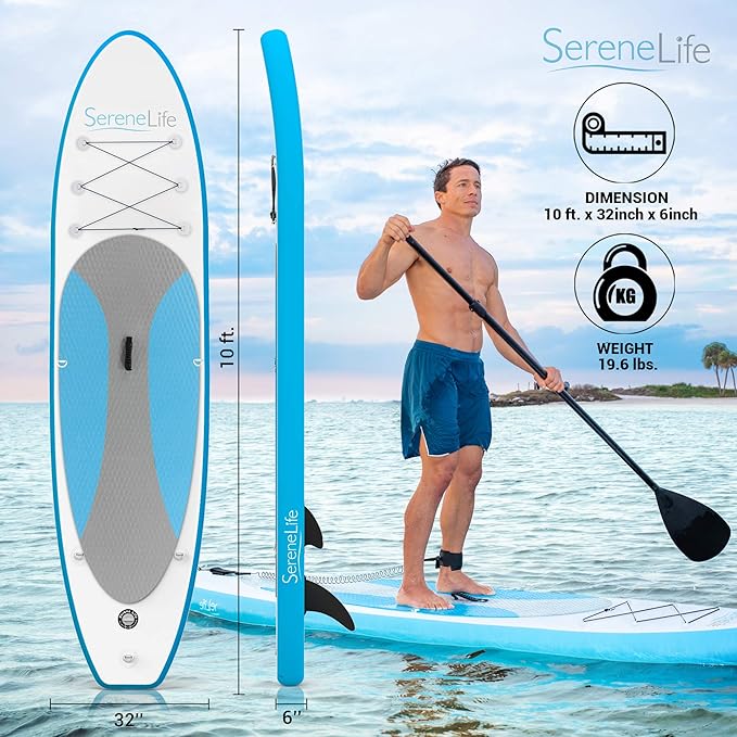 SereneLife Inflatable Stand Up Paddle Board with Premium SUP Accessories – Wide Stable Design with Non-Slip EVA Deck Pad for Adults and Youth of All Skill Levels
