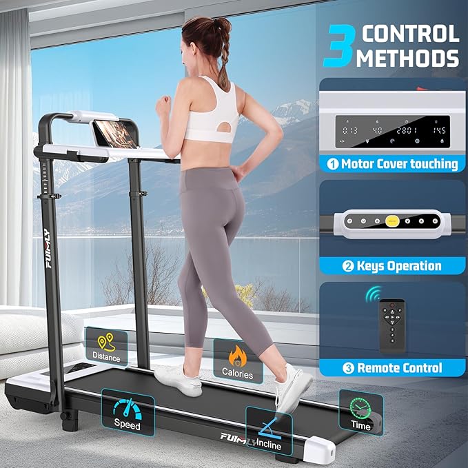 Walking Pad Treadmill with Desk Workstation, 10% Incline Foldable Treadmill with Handrail, 300lbs Capacity, 3 Control Methods, 8 in 1 Folding Treadmills for Home Office