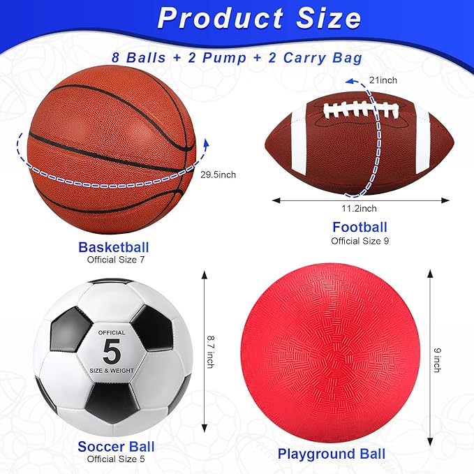 Deekin 8 Pcs Sports Balls Set for Kids Adult Assorted Football Basketball Soccer Playground Balls Official Size with Bags Pumps Outdoor Sports Equipment Athletic Gift Back to School