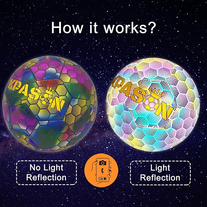Soccer Ball, Holographic Reflective Glowing Soccer Ball for Men Women Training