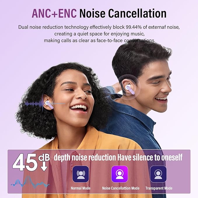 Wireless Earbuds, Bluetooth 5.4 Headphones with Multifunctional Touch Screen, 48H Bass Stereo Ear Buds with ANC/ENC Noise Cancelling/Transparency Mode, IPX7 Earphones with 5 EQ Modes, Purple