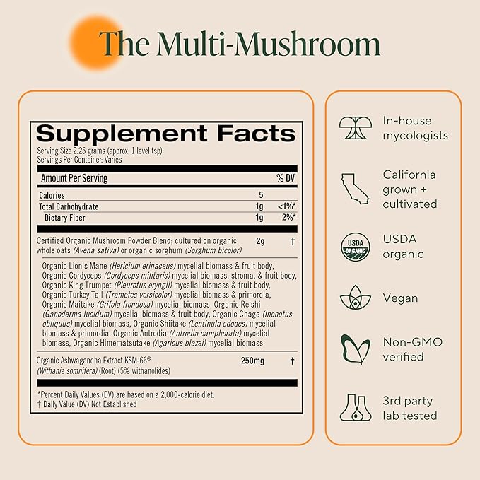 Om Master Blend Mushroom Powder – Organic Mushroom Supplement with 10 Mushrooms and Ashwagandha - Support Immunity, Gut Health & Stress Relief, 6.34 oz (80 Servings)