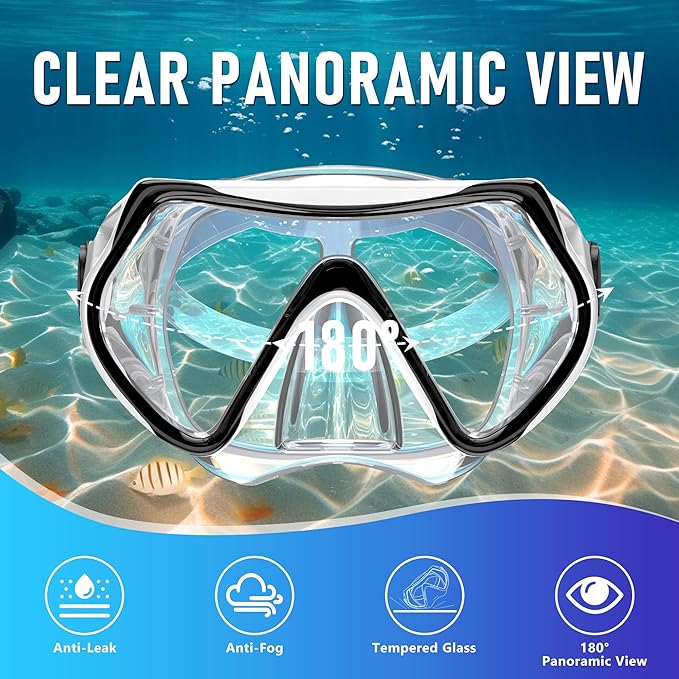 Snorkeling Gear, Dry Snorkel Set180° Panoramic Wide View,Anti-Fog Scuba Diving Mask, Professional Snorkeling Gear for Free Breathing, Swimming, Diving