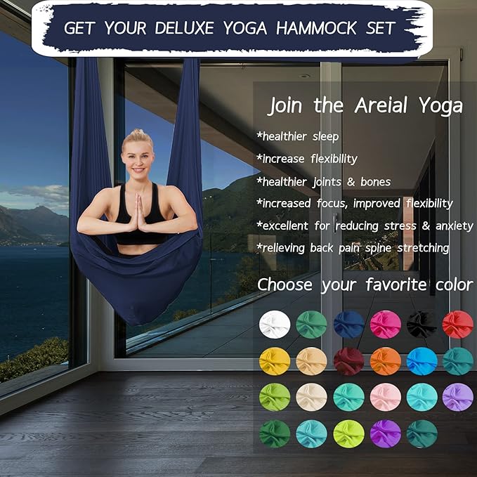 5.5 Yards Aerial Silks Yoga Swing Set - Aerial Yoga Hammock Kit Anti-Gravity Flying for Fitness, Low/Non Stretch Nylon Tricot Fabric Hardware Included for Dance