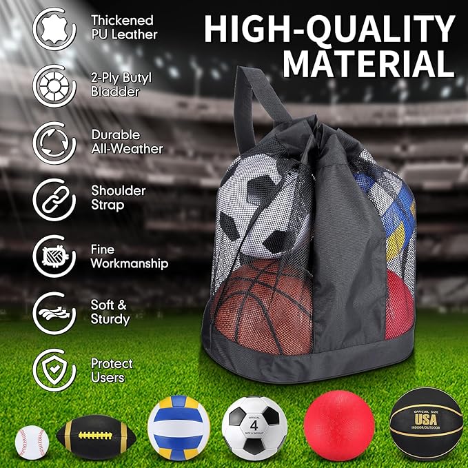 Realspring 6 Pcs Multi Sport Ball Set for Kid Teen Operation Christmas Official Size Football, Basketball, Soccer, Volleyball, Playground Ball, Baseball with Sports Equipment Bag Pump