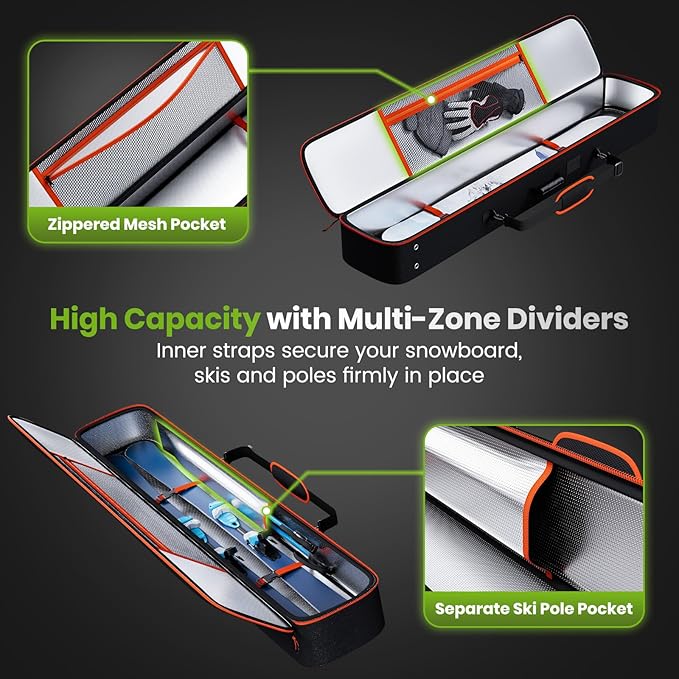 Padded Snowboard Bag, Waterproof Snowboard Travel Bags for Air Travel Flying - 1680D Reinforced, with Mesh Pocket, Ski Pole Pocket