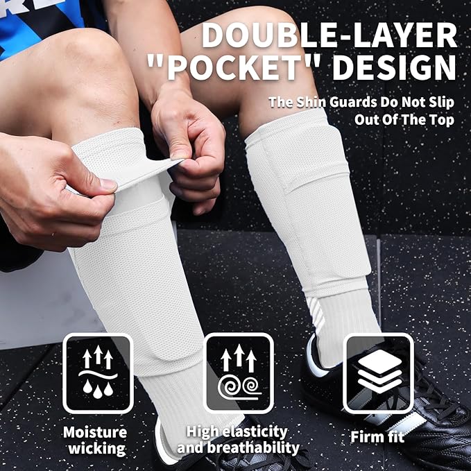 Soccer Shin Guards for Kids Youth Adults - Shin Pads and Sleeves with Optimized Insert Pocket for Boys Girls Men Women for Football Games - Protective Soccer Equipment