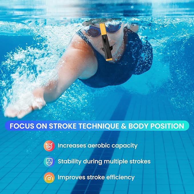 Swimmer's Snorkel for Lap Swimming, Adult Snorkeling Gear Swim Training, Center-Mount Silicone Mouthpiece One-Way Purge Valve in Pool and Open Water