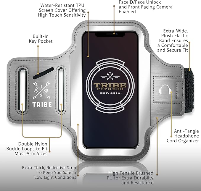 TRIBE Running Phone Holder Armband. iPhone & Galaxy Cell Phone Sports Arm Bands for Women, Men, Runners, Jogging, Walking, Exercise & Gym Workout. Fits All Smartphones. Adjustable Strap, CC/Key Pocket