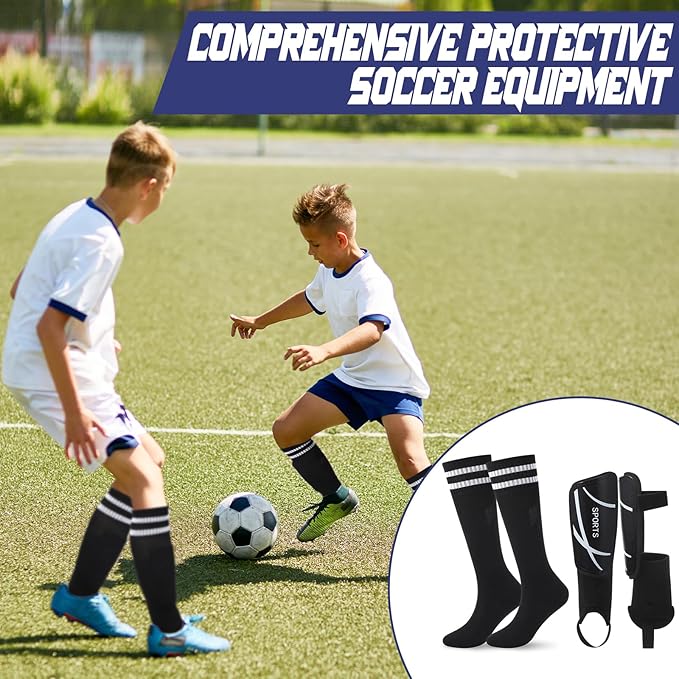 Soccer Shin Guards and Socks Kids Youth Lightweight Soccer Pads Defender with Ankle Protection Ski Shin Guards Football Equipment for Age 4-14 Toddler Boys Girls Teens