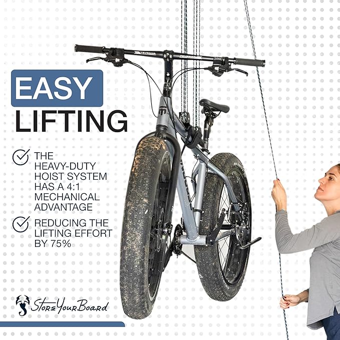 StoreYourBoard Bike Hoist, No-Slip Bicycle Ceiling Storage, Heavy-Duty Garage Pulley Lift System, Road, MTB, Fat Tire, Ebike Hanger