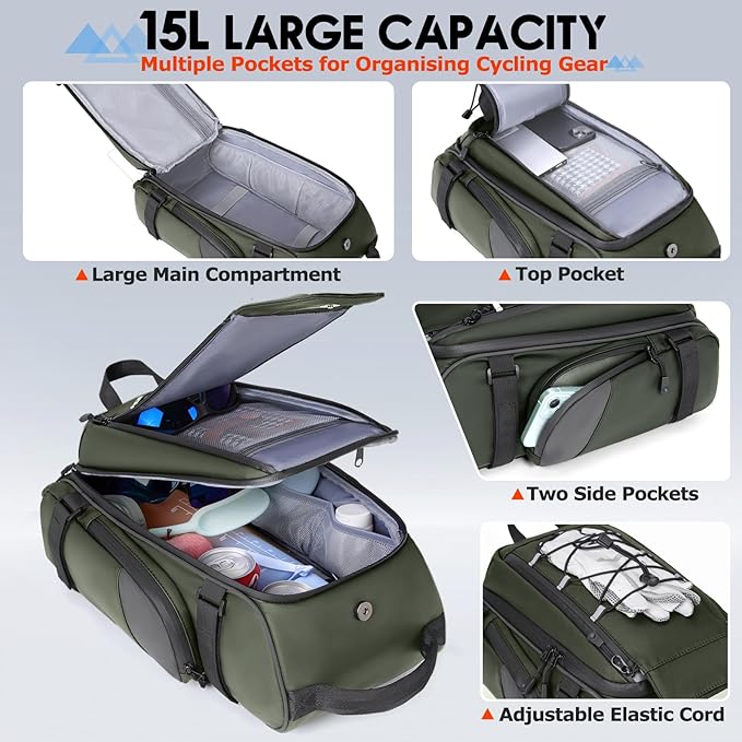 RAINSMORE Bike Bags for Bicycle Rear Rack 15L Waterproof Bike Ebike Trunk Pannier Saddle Bag with Rain Cover Bike Accessories Backpack Shoulder Bag for Commuter Travel Outdoor, Green