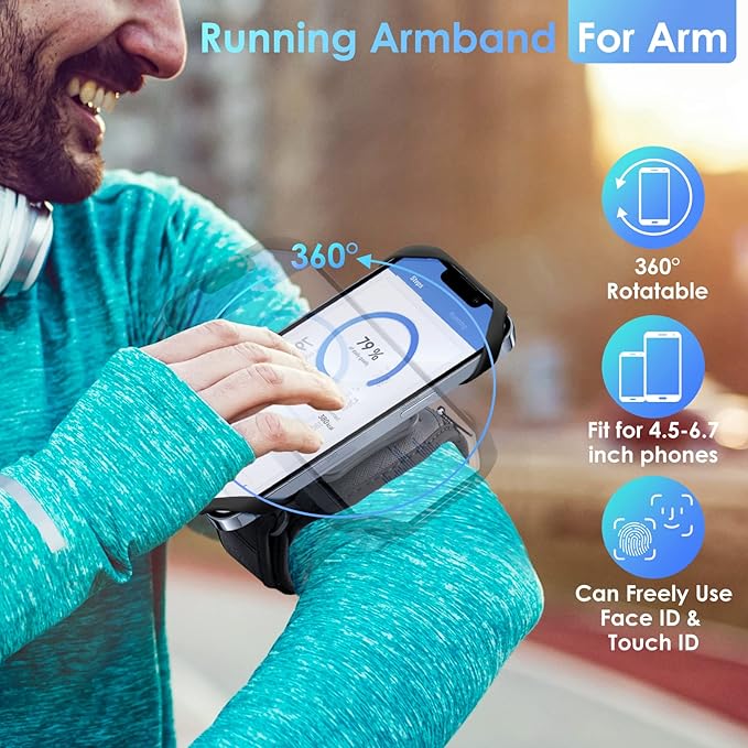 Cikyner Running Armband Phone Holder - 360 Rotatable & Detachable Sports Armband With Earphone/Cash Pocket for 4.5-7'' iPhone - for Gym, Hiking
