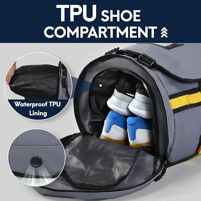 Haimont Large Duffle Bag Backpack for Travel, Men Women Duffel Backpack Bags with Shoes Compartment for Camping, Traveling, Sports, Trip, Water-resistant, 60L Grey