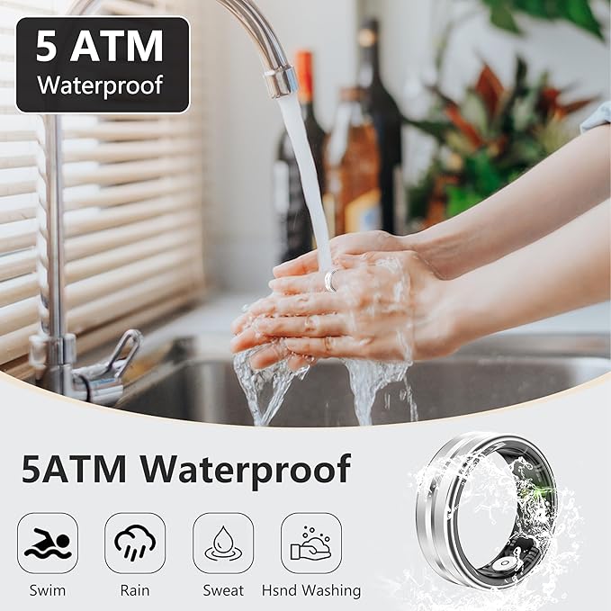 Thin Smart Ring for Fitness & Health Tracking -Pedometer,Sleep/Heart Rate/Blood Oxygen Monitor, Gesture Control / 5ATM Waterproof -No APP Subscription Compatible with Android& iOS (Silver, 8)