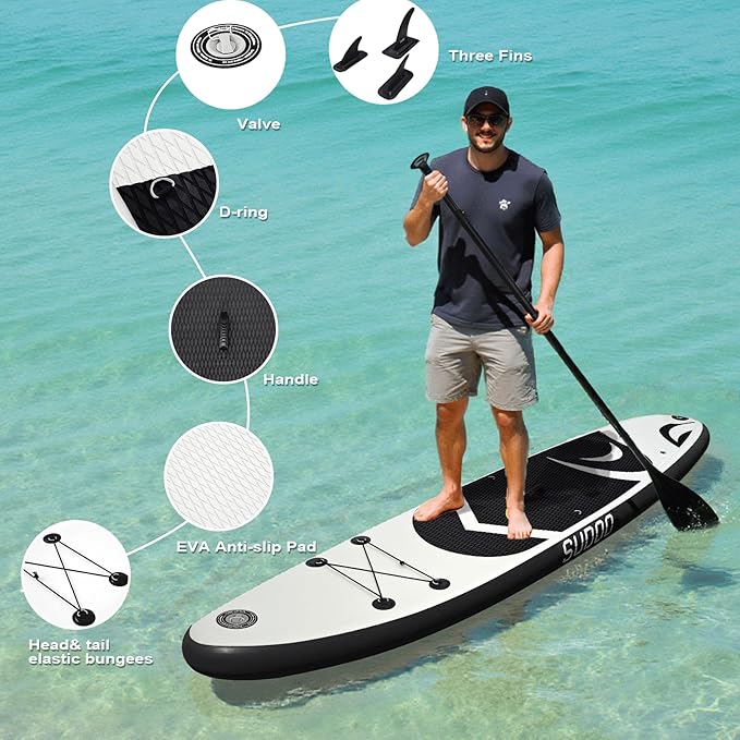 Inflatable Stand Up Paddle Board 10‘x30‘‘- Ultra-Light SUP with Backpack, Pump, Paddle, Coil Leash, 3 Fins, Repair Kit, Stable Design, Non-Slip EVA Deck for Adults & Youth