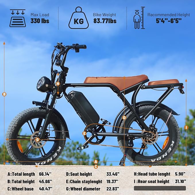 V8 Electric Bike for Adults, 20'' Fat Tire E Bike with Powerful Motor 48V 15Ah Removable Battery, 7-Speed Gears, 2 Seater E-Bike, Ebike Moped Style for Mountains, Snow, Sand, Road