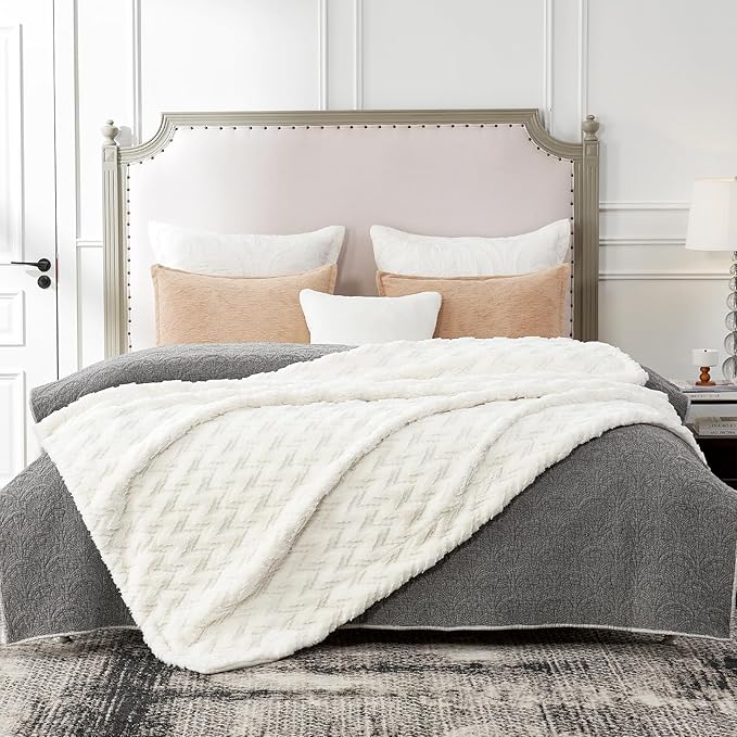 Cozy Bliss Faux Fur Throw Blanket for Couch - Ultra Soft Fuzzy Cozy Throw Gift Blankets for Women,Cream White Boho Blanket for Sofa Bedroom Living Room.60 * 80 Inches